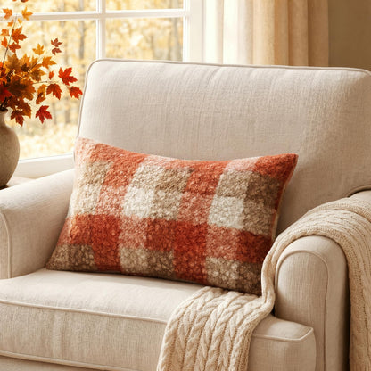MIULEE Fall Plaid Pillow Covers 12x20 Inch Set of 2, Decorative Boucle Faux Fur Check Lumbar Throw Pillow Covers Fluffy Pillowcases for Farmhouse Living Room Sofa Bed Home Decor,Orange