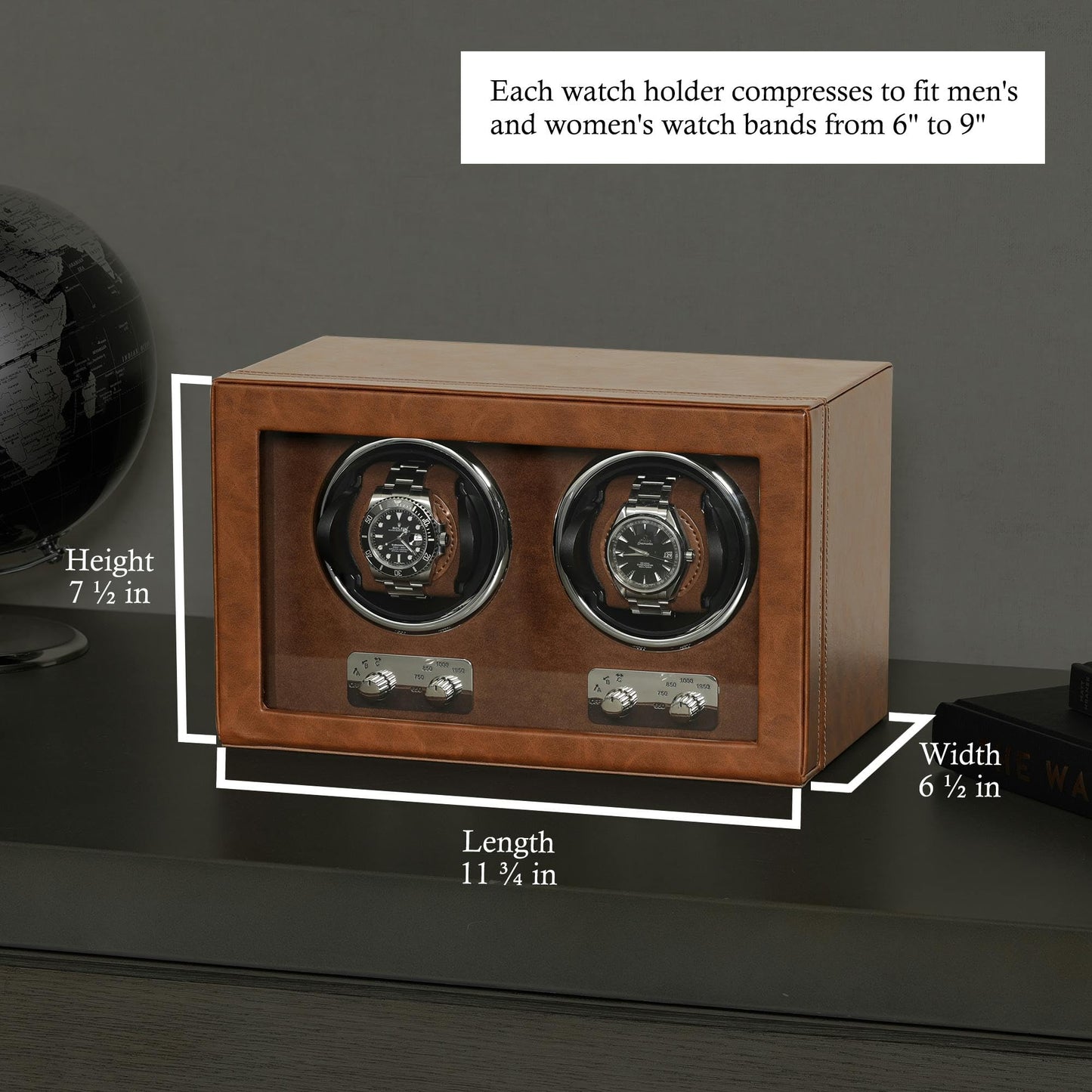 ROTHWELL Double Watch Winder for Automatic Watches with Quiet Motor with Multiple Speeds and Rotation Settings (Tan / Brown)