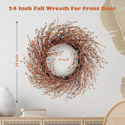 24 Inch Fall Wreath for Front Door with Large Grapevine, Orange Pip Berry Wreath for Fall Door Decor, Autumn Wreaths for Farmhouse Wall Window Home and Halloween Christmas Thanksgiving Decoration
