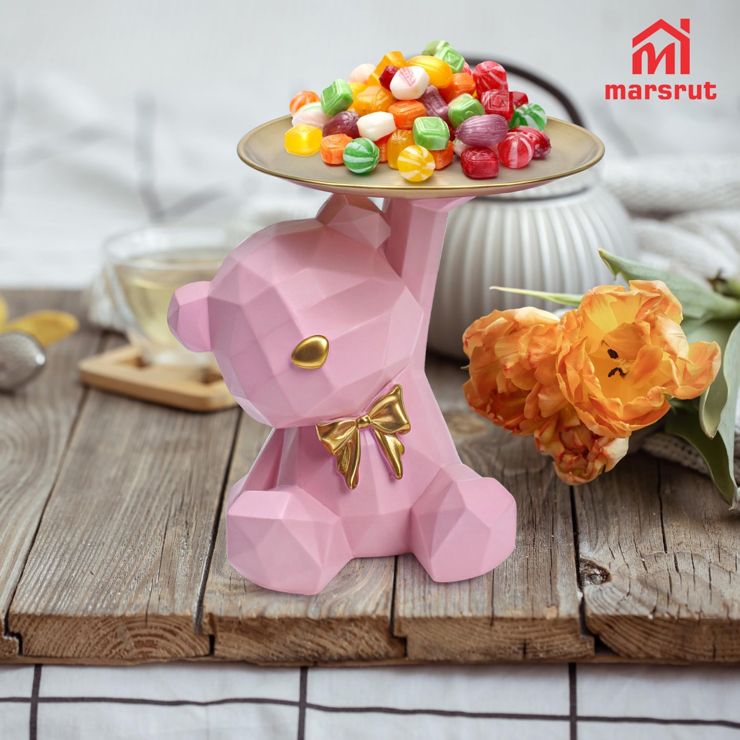 Bear Serving Tray Candy Dish Key Holder, Ring Stand Sculptures, Geometric Lovely Nordic Storage Bowl Plate Resin Cute Statue Figurines for Lipsticks Jewelry Earrings Table Living Room Entrance Display