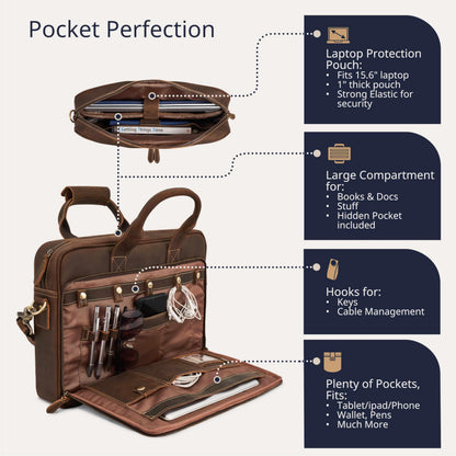 Luxorro Full Grain Leather Briefcase, Handcrafted Laptop Bag with Multiple Compartments, Fits 15.6 Inch Laptop