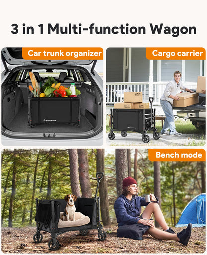 Raynesys 3 in 1 Collapsible Wagon Converts to Bench, 220lbs Foldable Wagon Cart with Wheels, 120L Shopping Cart for Groceries Folding Utility Wagon for Beach, Garden, Camping, Sport, Black