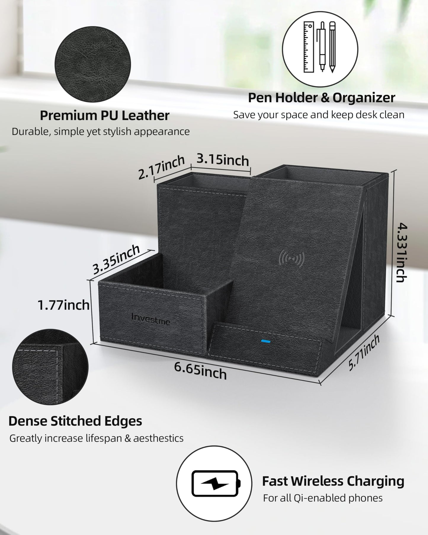 Investme Wireless Charger with Desk Organizer, Pen Pencil Holder, Multifunctional Desktop Organizer, Office Supplies and Desk Accessories Organizer with 3 Compartments and 1 Phone Stand, PU Black