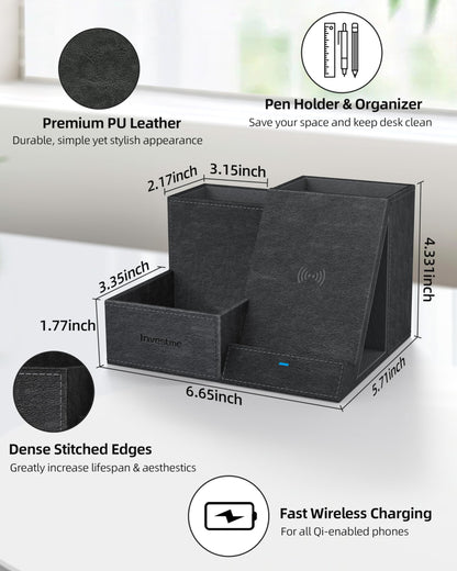 Investme Wireless Charger with Desk Organizer, Pen Pencil Holder, Multifunctional Desktop Organizer, Office Supplies and Desk Accessories Organizer with 3 Compartments and 1 Phone Stand, PU Black