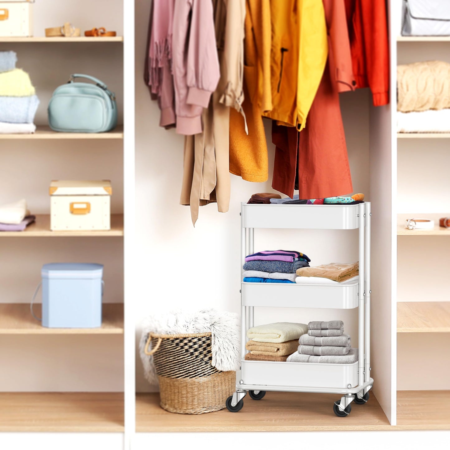Simple Houseware 3-Tier Compact Utility Rolling Cart, Low 24” Height Fits Under Desk, Space-Saving Storage for Home Office, Dining Room, or Kitchen, White