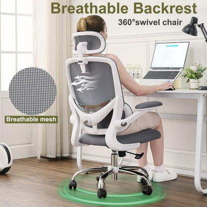 TONFARY Ergonomic Home Office Chair, High Back Mesh Desk Chair with Adjustable Lumbar Support, Flip-up Armrest, Removable Headrest, Swivel Computer Gaming Chair, Space Saving, 330LBS (White+Grey)