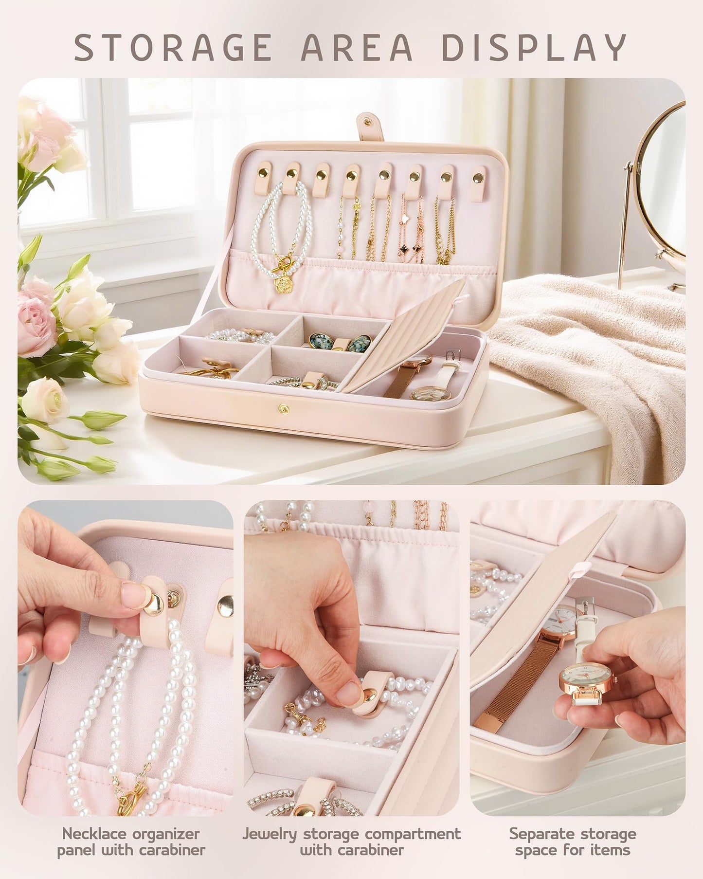 VELORIA PU Leather Travel Jewelry Organizer with 8 Snap Clasps, Elastic Pouch, Hidden Compartment, Compact Jewelry Case for Necklaces, Earrings, Bracelets and Bangles, Cloud Pink