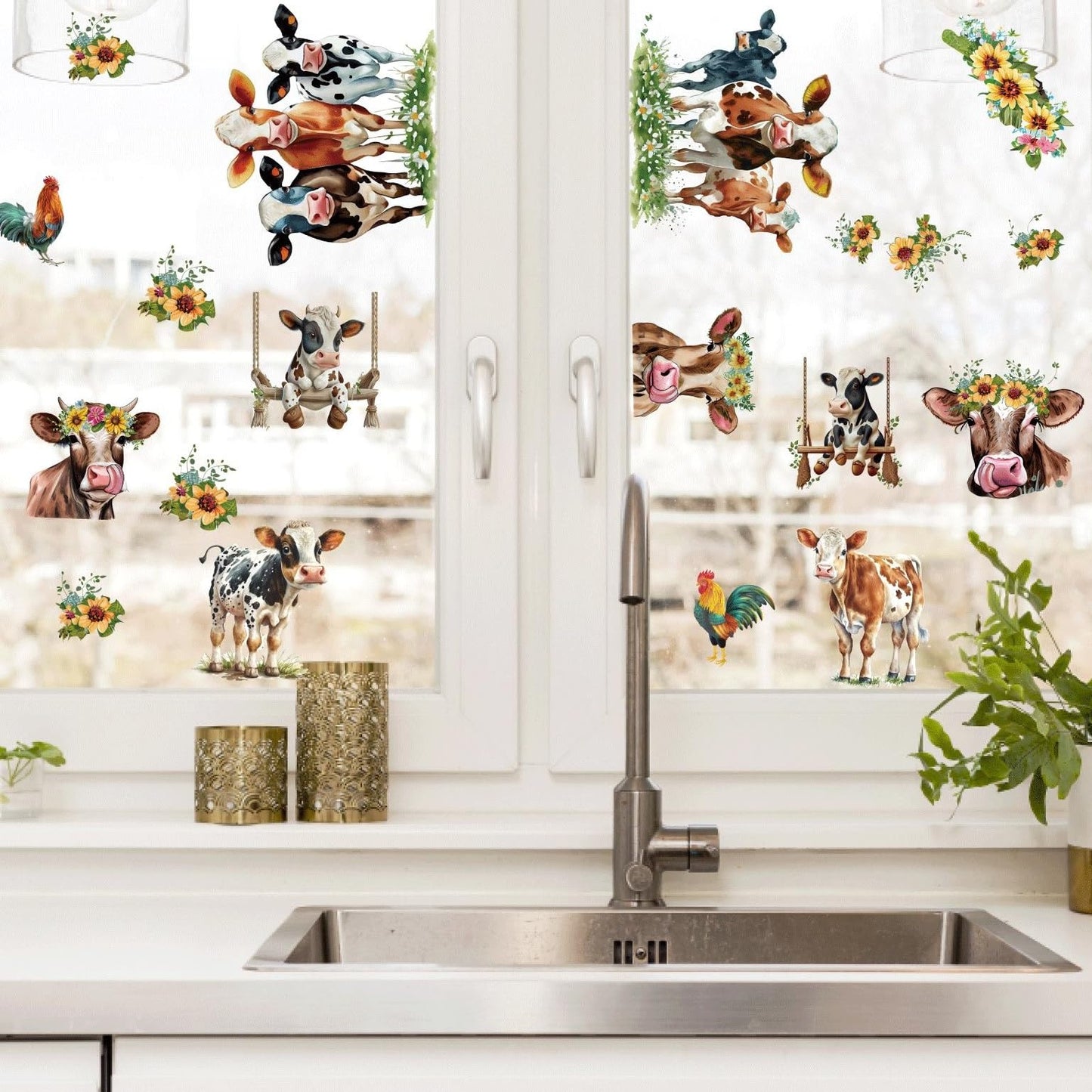 Funny Cow Wall Stickers Cute Cow Window Stickers Farm Animal Wall Decals Peel and Stick Sunflower Cattle Cow Print Window Decals Clings Farmhouse Wall Stickers for Kitchen Bedroom Decor