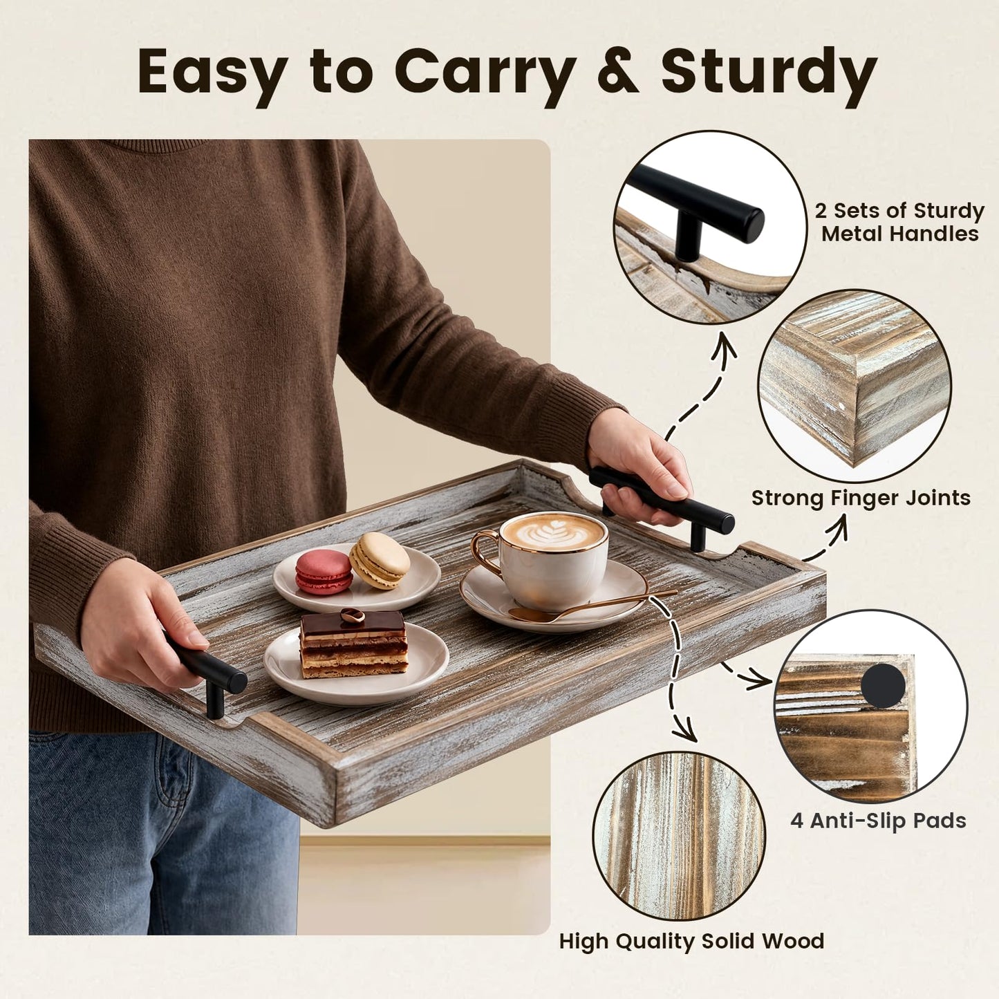 ComfyTune Wood Serving Tray with Metal Handles, 17x13in Large Wooden Tray for Ottoman, Coffee Table, Breakfast, Dinner & Bar, Decorative Tray for Living Room, Bedroom, Bathroom and Kitchen, Brown