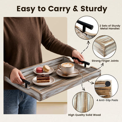 ComfyTune Wood Serving Tray with Metal Handles, 17x13in Large Wooden Tray for Ottoman, Coffee Table, Breakfast, Dinner & Bar, Decorative Tray for Living Room, Bedroom, Bathroom and Kitchen, Brown