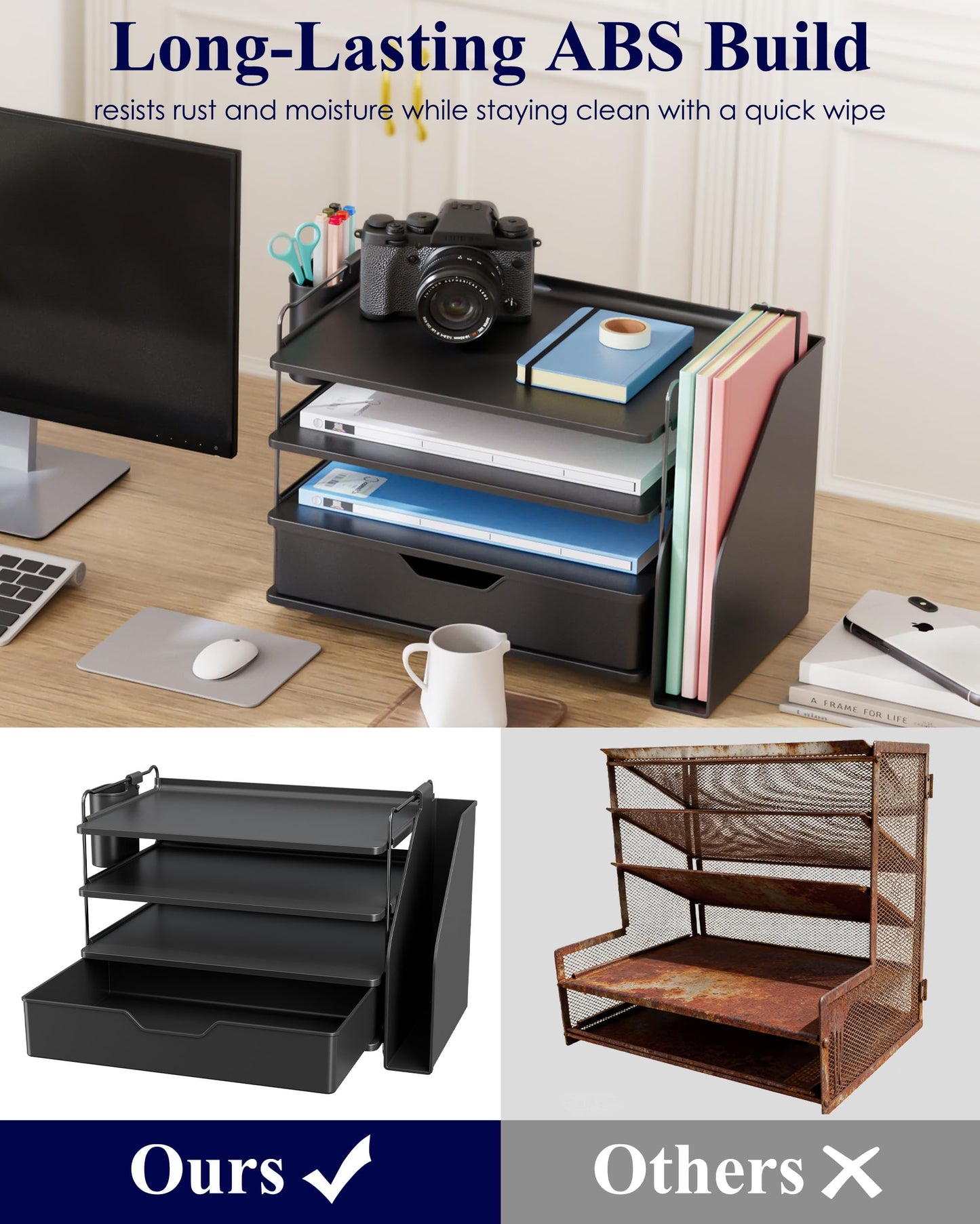 Kitsure Desk Organizer - 4-Tier Office Desk Accessories with Drawer ＆ Pen Holder, Tool-Free Assembly Organizer with Non-Slip Pads, for Office Supplies Storage, Plastic, 13.3" x 8.0" x 10.8", Black