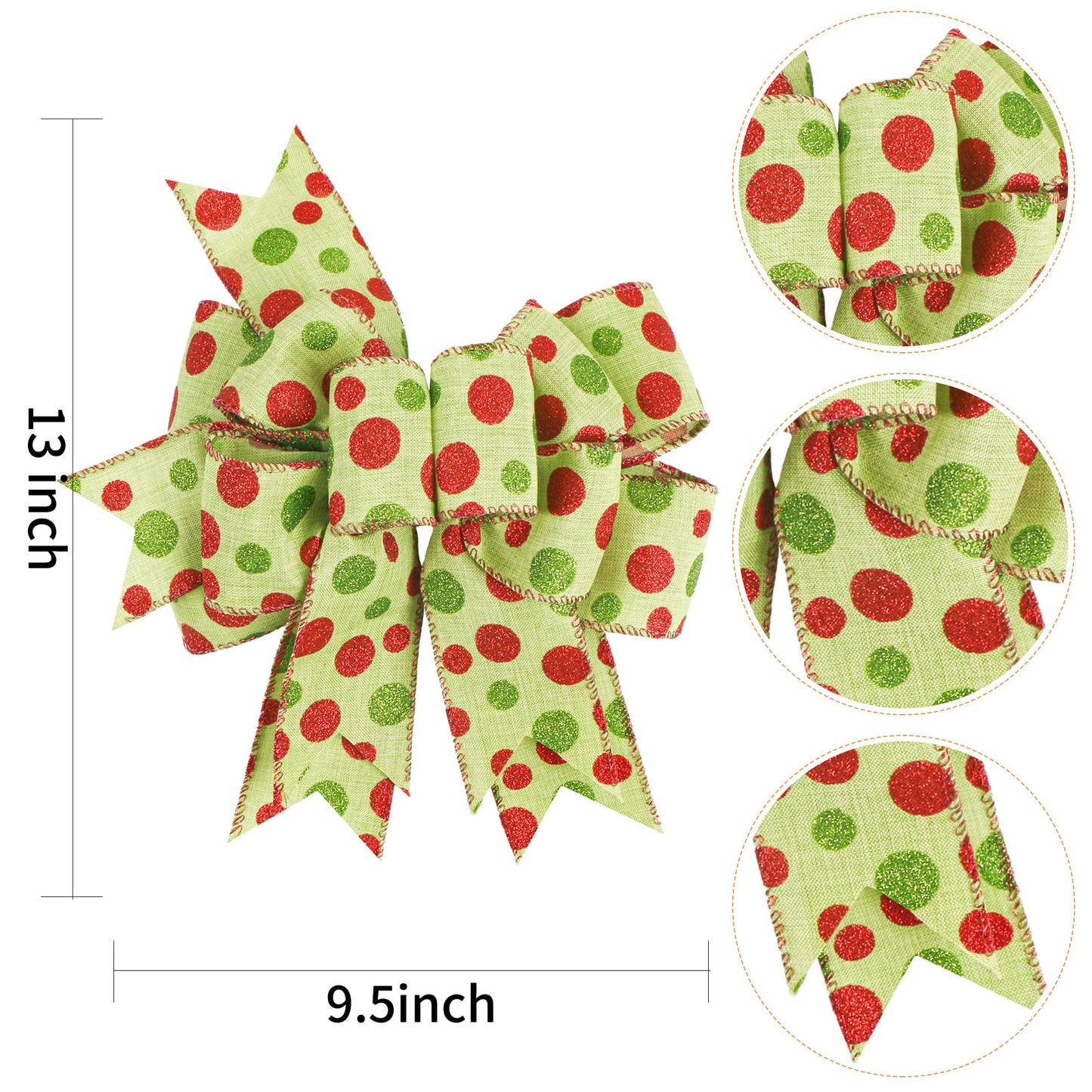 SIMISI RIBBON Christmas Green Red Dots Bow Rustic Burlap Bows for Wreath, Christmas Tree, Holiday Decor (9.5 x 13 inch)