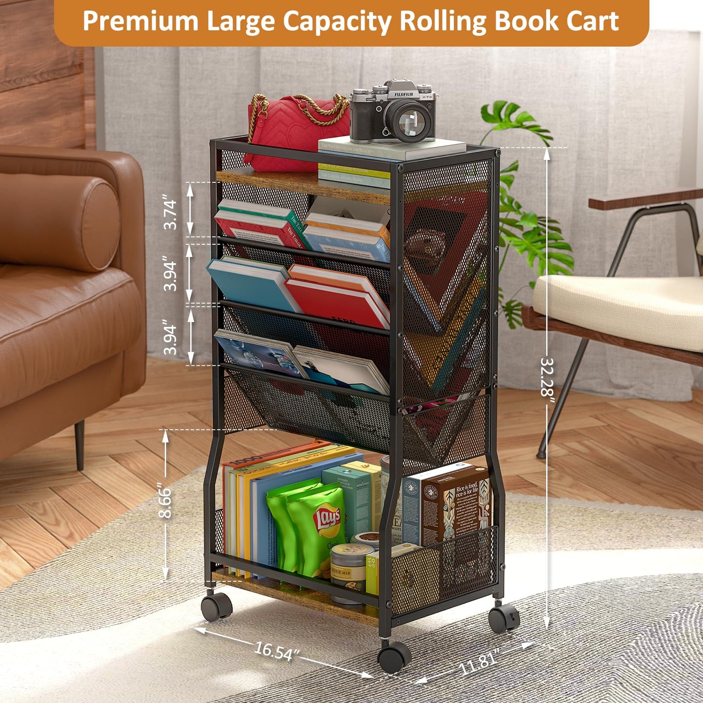 DAOUTIME 8 Tier Rolling Book Cart with Wheels, Mobile Book Storage Cart with 2 Sides Access Bookcase for Narrow Space, Rolling File Organizers and Storage for Home Office Living Room Classroom School