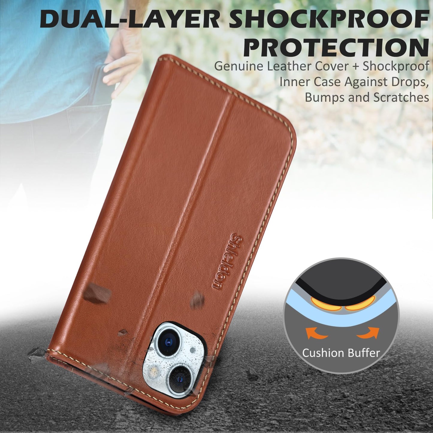 SHIELDON Case for iPhone 15 Plus 5G, Genuine Leather Wallet Magnetic Cover Kickstand RFID Blocking Credit Card Holder Shockproof Case Compatible with iPhone 15 Plus 6.7" 2023 - Retro Brown