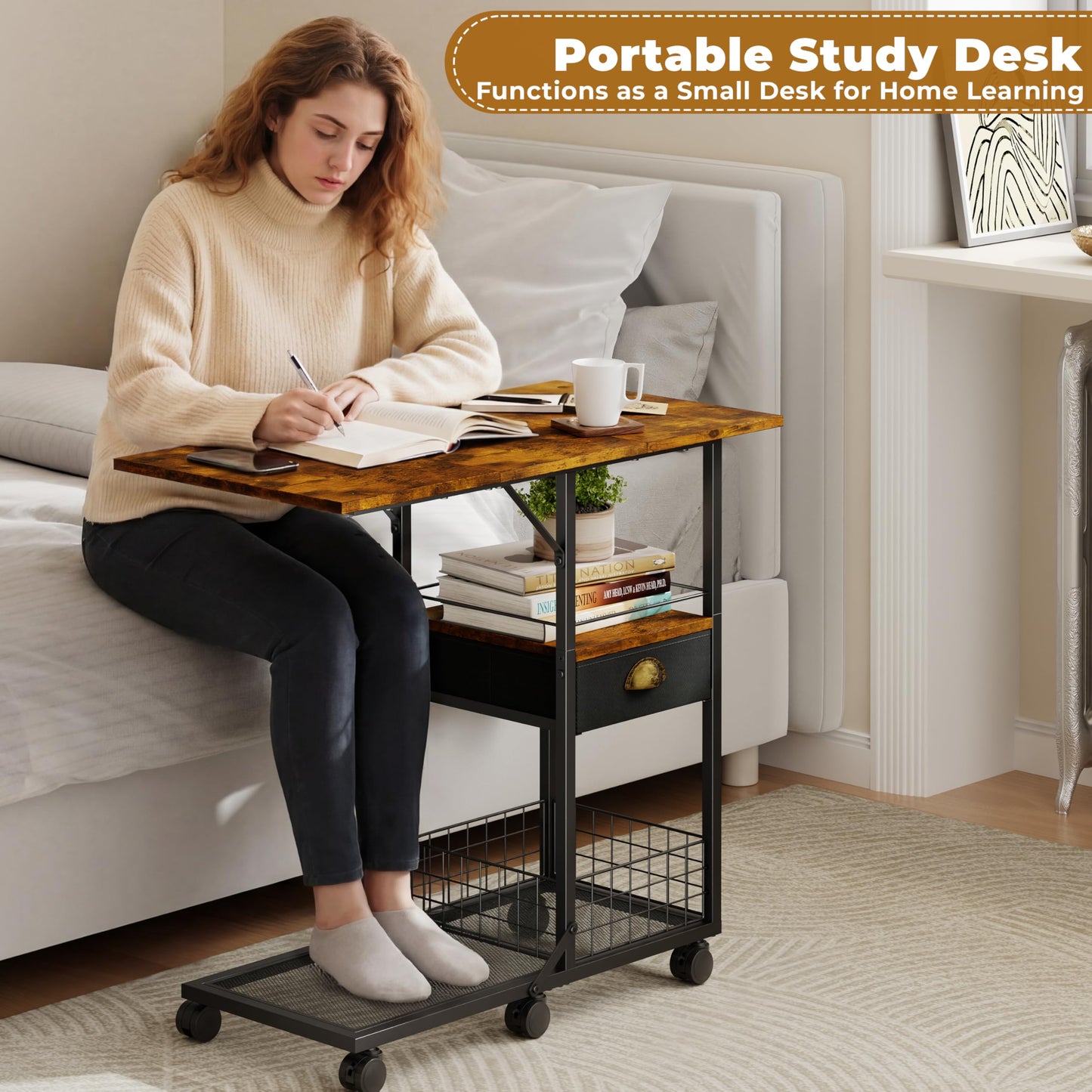Rolling Coffee Table with Oversized Double-Wide Wood Top, Mobile Tv Tray with Storage Drawer and Wheels for Sofa, Portable Side Table for Living Room, Home Office, Spacious Desk for Working Studying