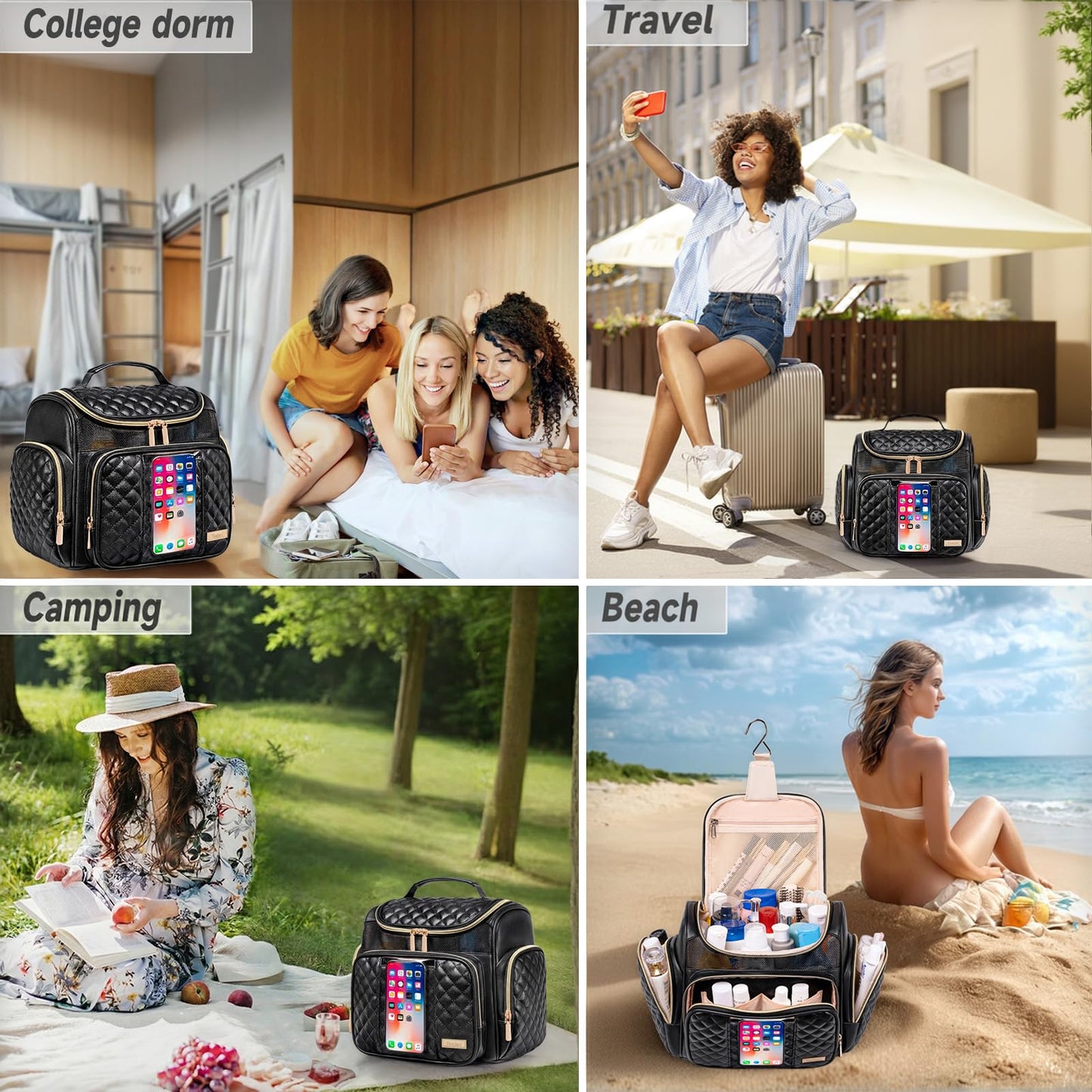 Large Leather Toiletry Bag for Women Men,Bathroom Bag,Water Resistant Shower Bag,Makeup Bag,Portable Shower Caddy for College Dorm,Hanging Travel Toiletry Bag with Transparent Waterproof Phone Pocket