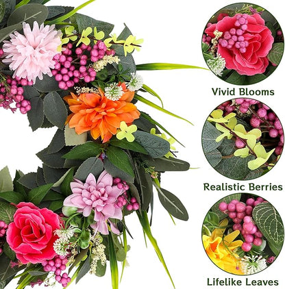 Wreaths for Front Door, 24 Inch Spring Fall Wreath with Vibrant Flowers and Greenery, Artificial Autumn Wreath for All Seasons Farmhouse Outdoor Indoors Holiday