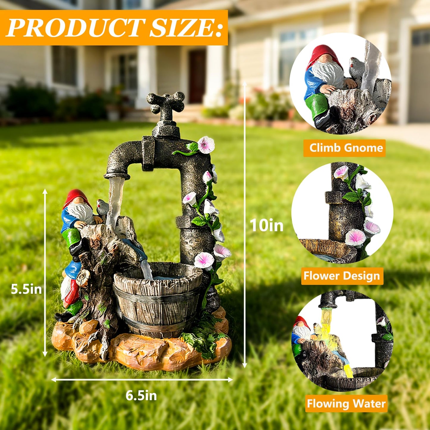 QCF Solar Garden Gnomes Statues Outdoor Yard Decorations, 10" Resin Fountain Gnome Outside Christmas Art Decor for Lawn Patio Porch Backyard,Unique Housewarming Gifts for Women Mom Grandma