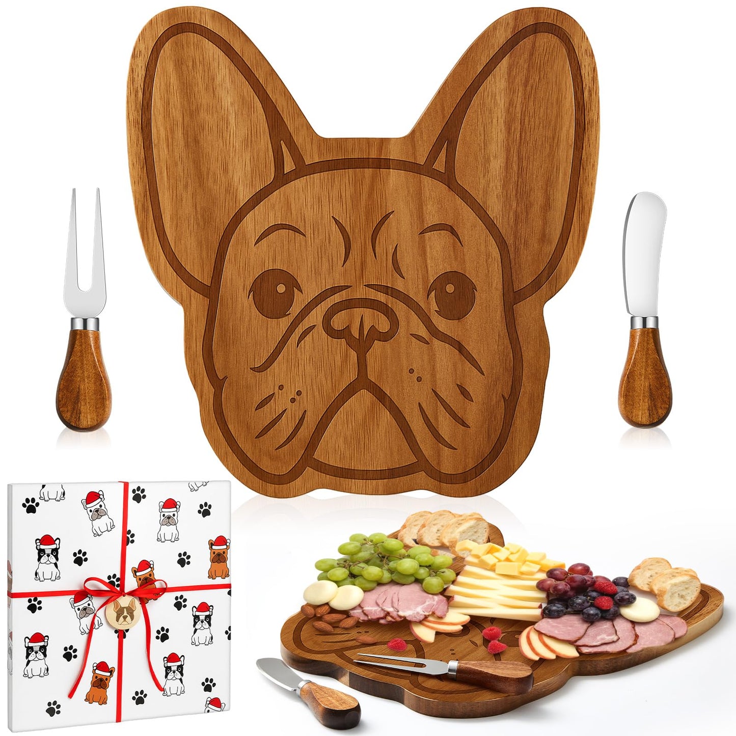 Ziliny French Bulldog Gifts for Women, French Bulldog Shaped Charcuterie Board Set Cutting Cheese Board Wooden Platter with Knives Forks Serving Trays Frenchie Gifts for Christmas Party