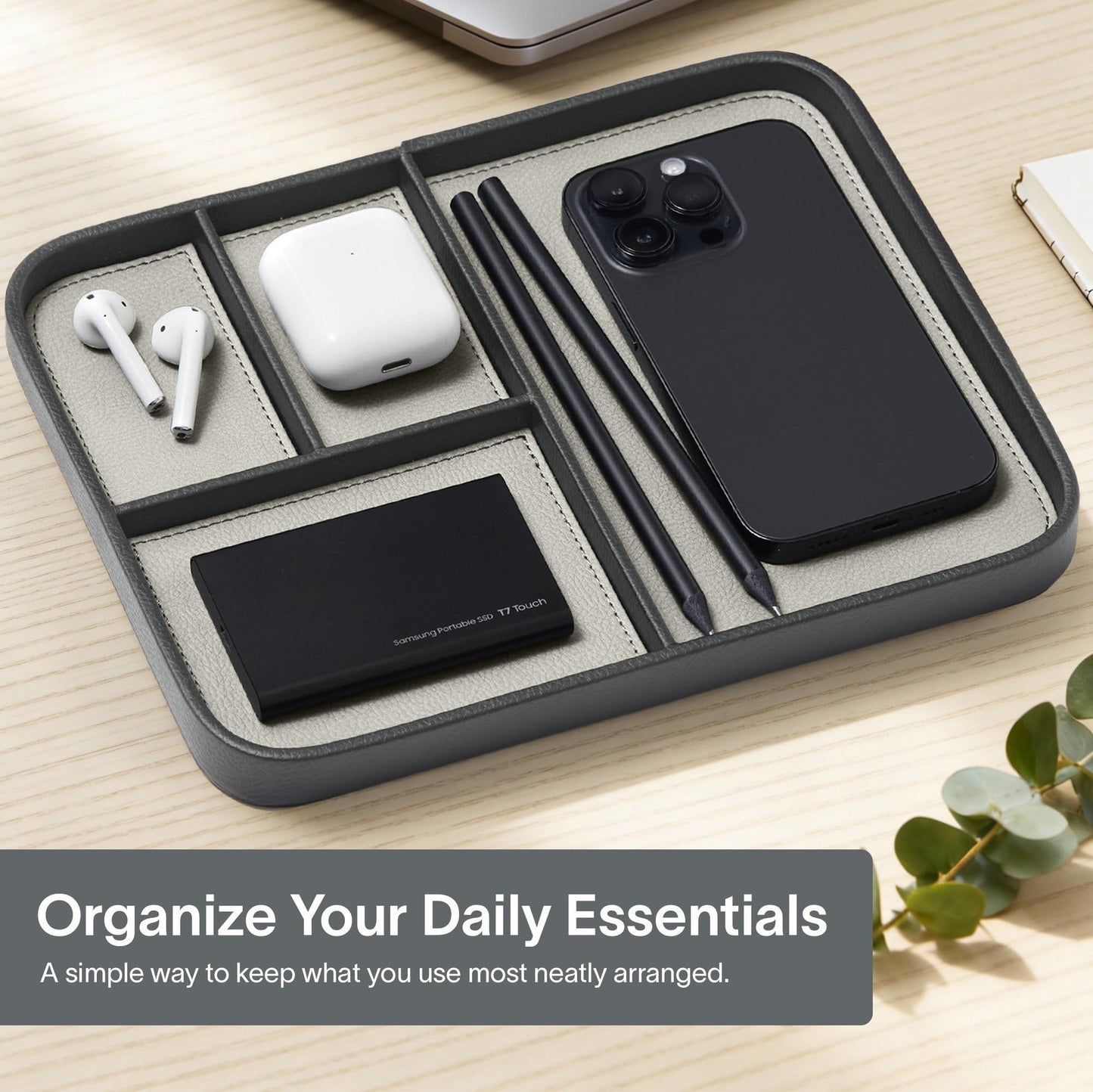 Nordik Leather Valet Tray - Sahara Gray - 9.5 x 7.9 Inch Medium Vegan Leather Tray - Stylish Nightstand Organizer for Men - Modern Bedside Caddy - EDC Catchall for Key Watch Wallet Jewellery
