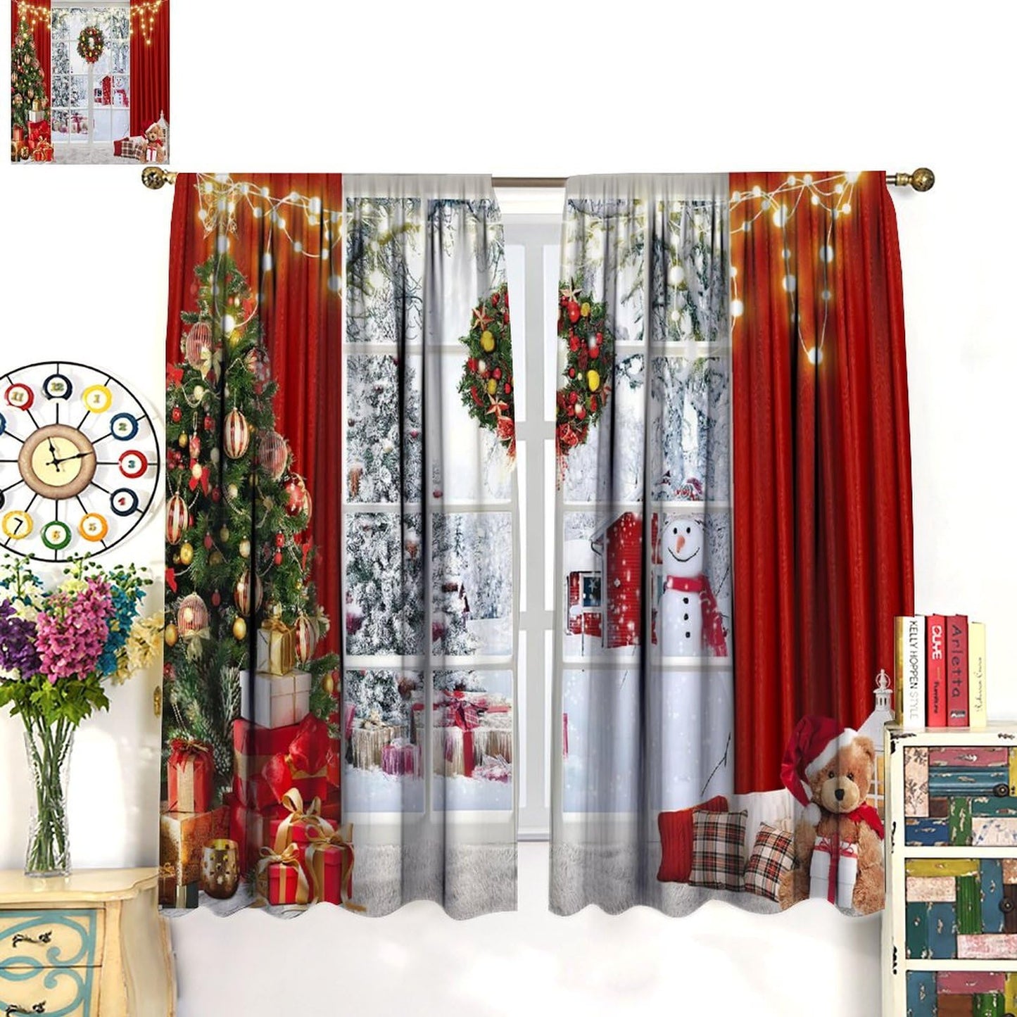 FengMingRui Merry Christmas Curtains Winter Festival Snowman Christmas Tree New Year Christmas Window Treatment Bedroom Living Room Decoration Blackout Decor Window Drapes 52" W X 84" L