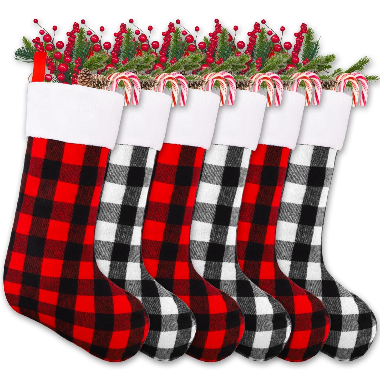 YUJUN 6 Pack 22 Inches Christmas Stockings, Xmas Large Black Red Buffalo Plaid Hanging Stockings Decorations for Christmas Tree Fireplace Family Holiday Party Decor (Red&White)