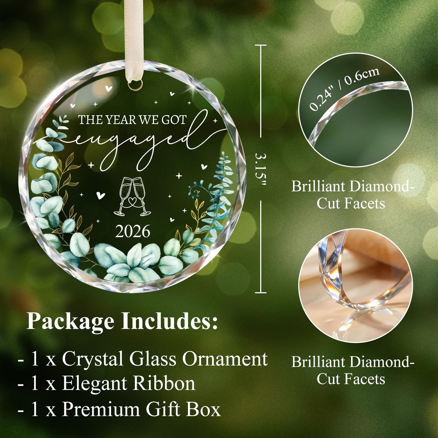Engagement Gifts for Couples - Crystal Glass 2026 Engagement Ornament, Newly Engaged Gifts for Women, Her - Bride to Be Gift, Fiance Gifts - Engaged Christmas Party Decorations