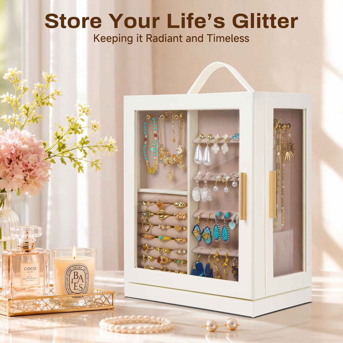 DUMIROICS 360° Rotating 5‑Drawers Jewelry Box with Top Handle & Glass Window, Spacious Vertical Jewelry Organizer, Jewelry Storage Case, Dustproof & Moisture‑resistant Design. (White)