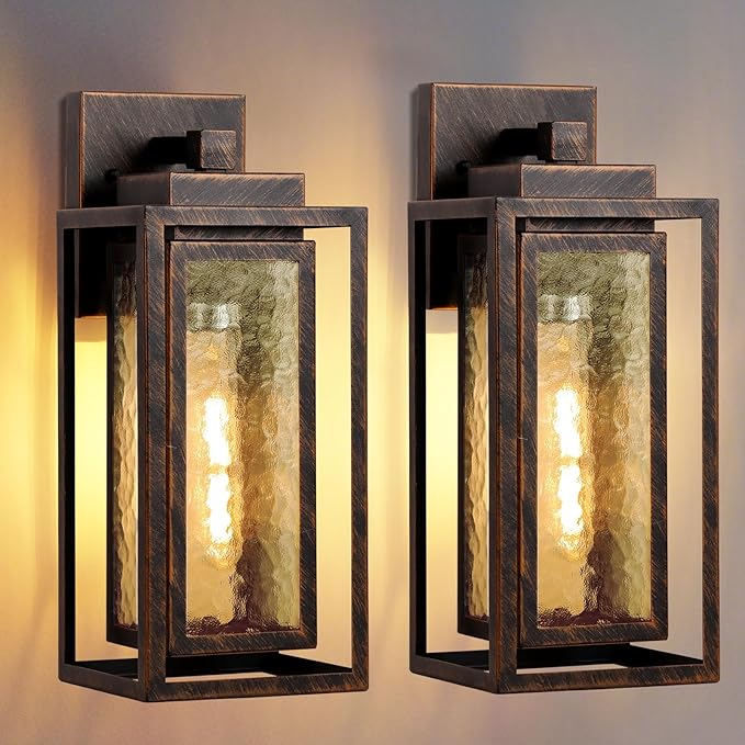 Water Ripple Exterior Porch Light Fixture, 2 Pack Outdoor Wall Lantern Black Gold, Wall Mount Lamp, Waterproof Exterior Lighting Fixtures, Outside Garage Sconce Lighting, for Doorway Outdoor Indoor