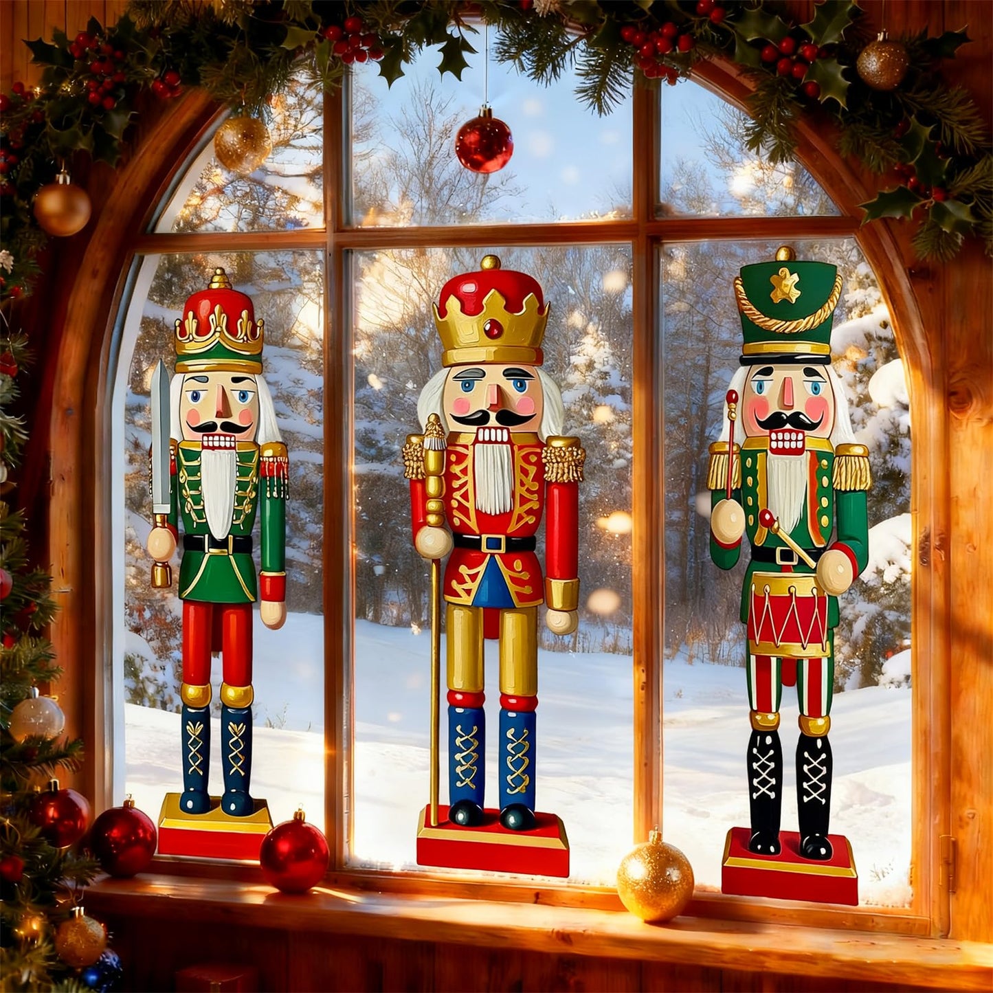 JarThenaAMCS 3 Sheets Christmas Window Clings Xmas Nutcracker Soldiers Extra Large Reusable Window Decals for Winter Holiday Home School Office Glass Decor