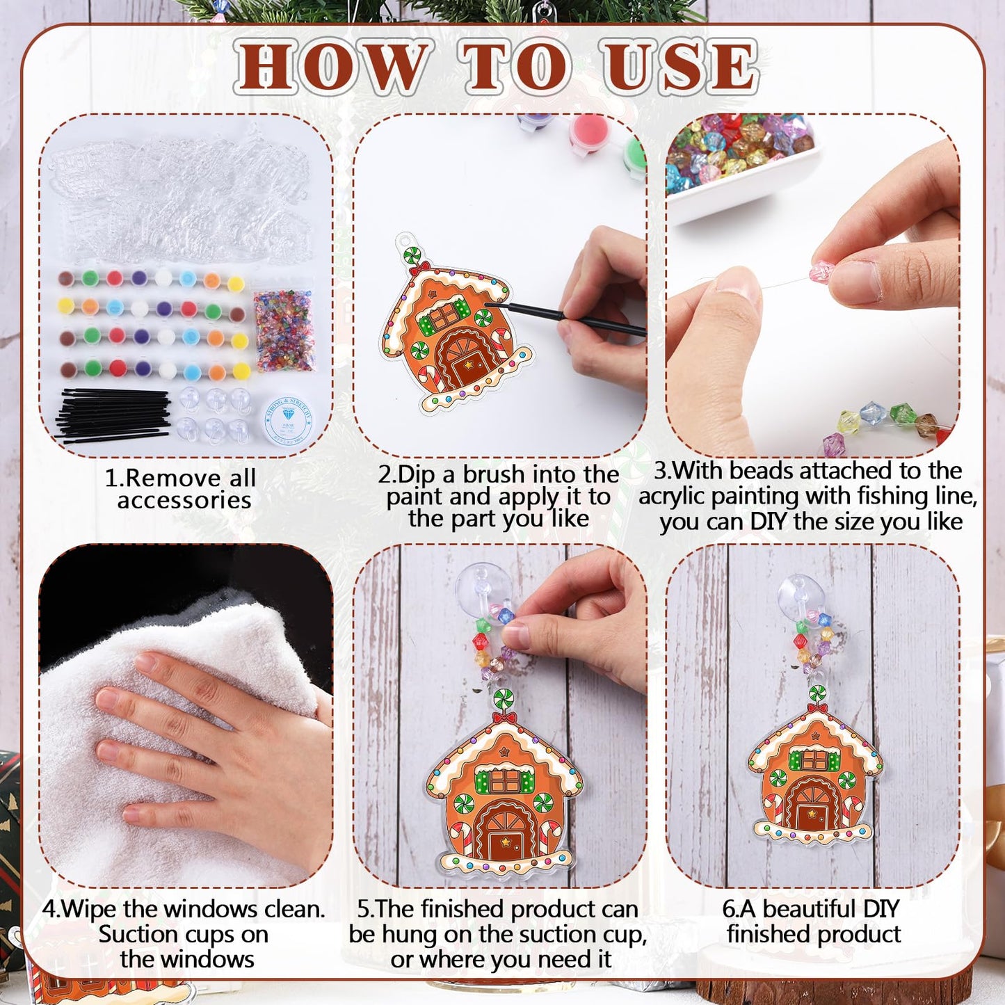 Beeveer 30 Sets Christmas Ornament Gingerbread House Suncatchers Window Art Kits, DIY Suncatchers Bulk Crafts Paint Your Own Window Ornaments for Boys Girls Classroom Party Birthday Activity Decor