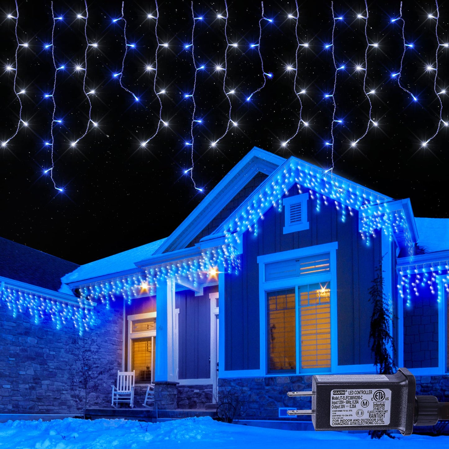 Hopolon 33FT 360L LED Christmas Icicle Lights Outdoor Waterproof,8 Modes Plug in Curtain String Lights with 60 Drops for Wedding,Party, Bedroom, Home, Garden, Wall Decorations(Blue White)