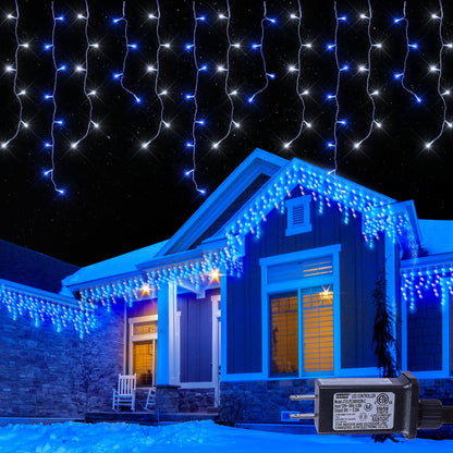 Hopolon 33FT 360L LED Christmas Icicle Lights Outdoor Waterproof,8 Modes Plug in Curtain String Lights with 60 Drops for Wedding,Party, Bedroom, Home, Garden, Wall Decorations(Blue White)
