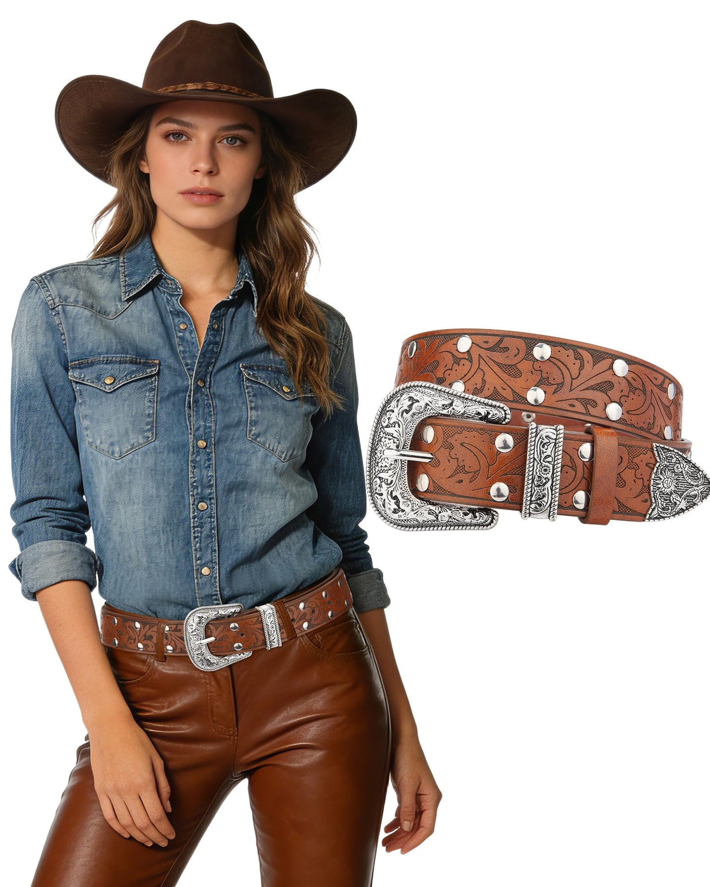 Kajeer Western Belt for Women, Women Cowboy Belt Vintage Engraved Rivet Cowgirl Country PU Leather Belt for Pants Jean