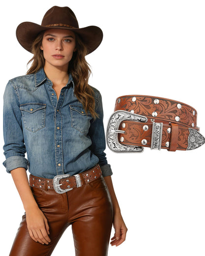 Kajeer Western Belt for Women, Women Cowboy Belt Vintage Engraved Rivet Cowgirl Country PU Leather Belt for Pants Jean