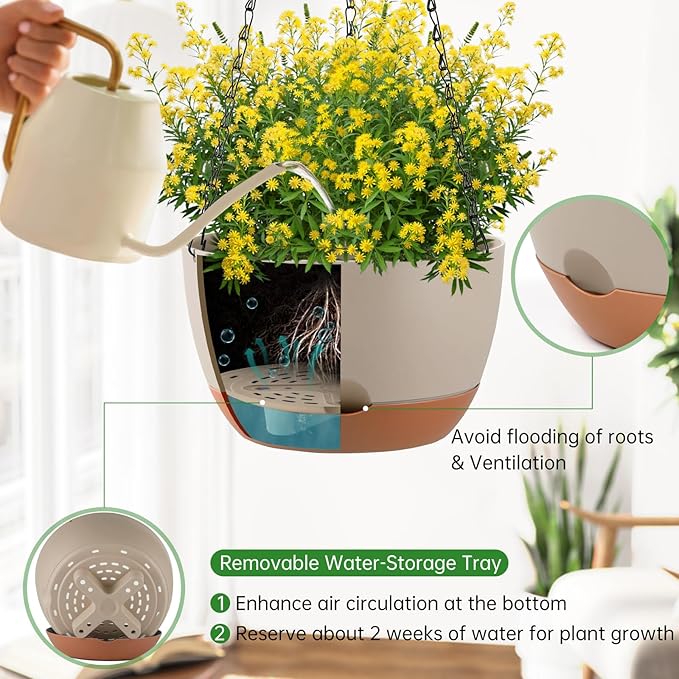 Set of 2 10 Inch Self Watering Hanging Planters for Indoor Outdoor Plants, Color Blocking Hanging Baskets Flower Pots with Drainage Hole & Removable Water-Storage Tray and 20" Chain Hanger
