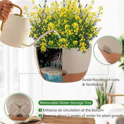 Set of 2 10 Inch Self Watering Hanging Planters for Indoor Outdoor Plants, Color Blocking Hanging Baskets Flower Pots with Drainage Hole & Removable Water-Storage Tray and 20" Chain Hanger