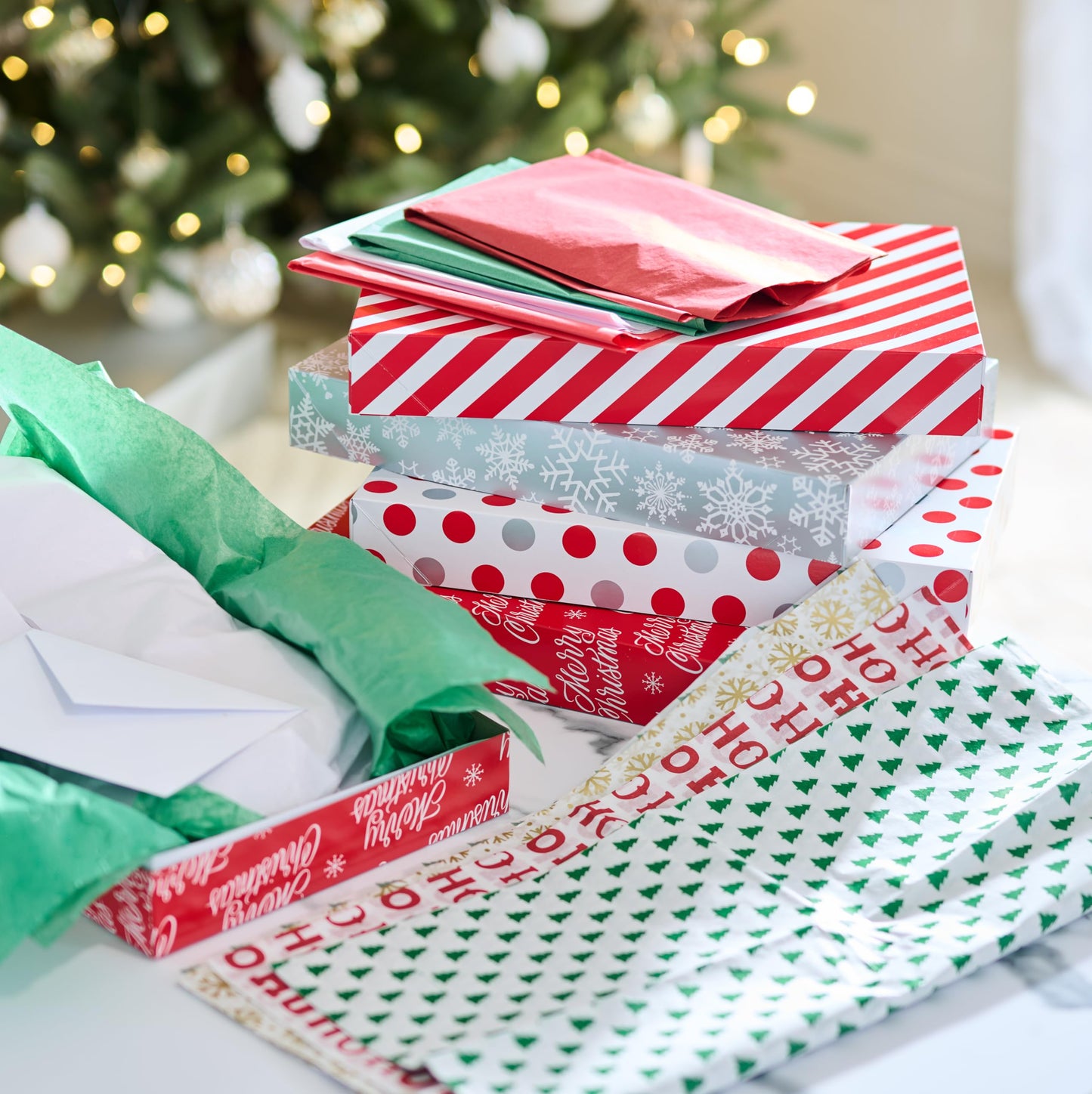 American Greetings Christmas Gift Boxes, Red, White and Silver Christmas Patterns (12-Boxes, 14.75 in. x 9.5 in.)