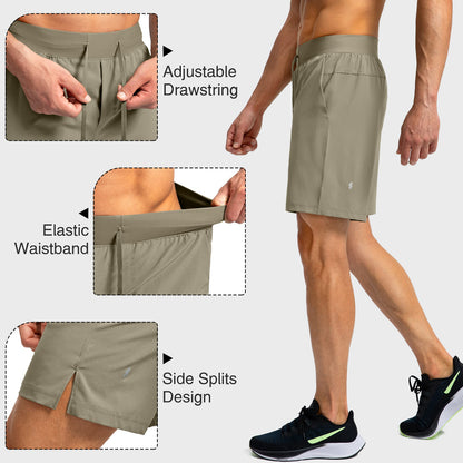 Soothfeel Men's Running Shorts with Zipper Pockets 7 Inch Lightweight Quick Dry Gym Athletic Workout Shorts for Men (Dusty Khaki, 3XL)