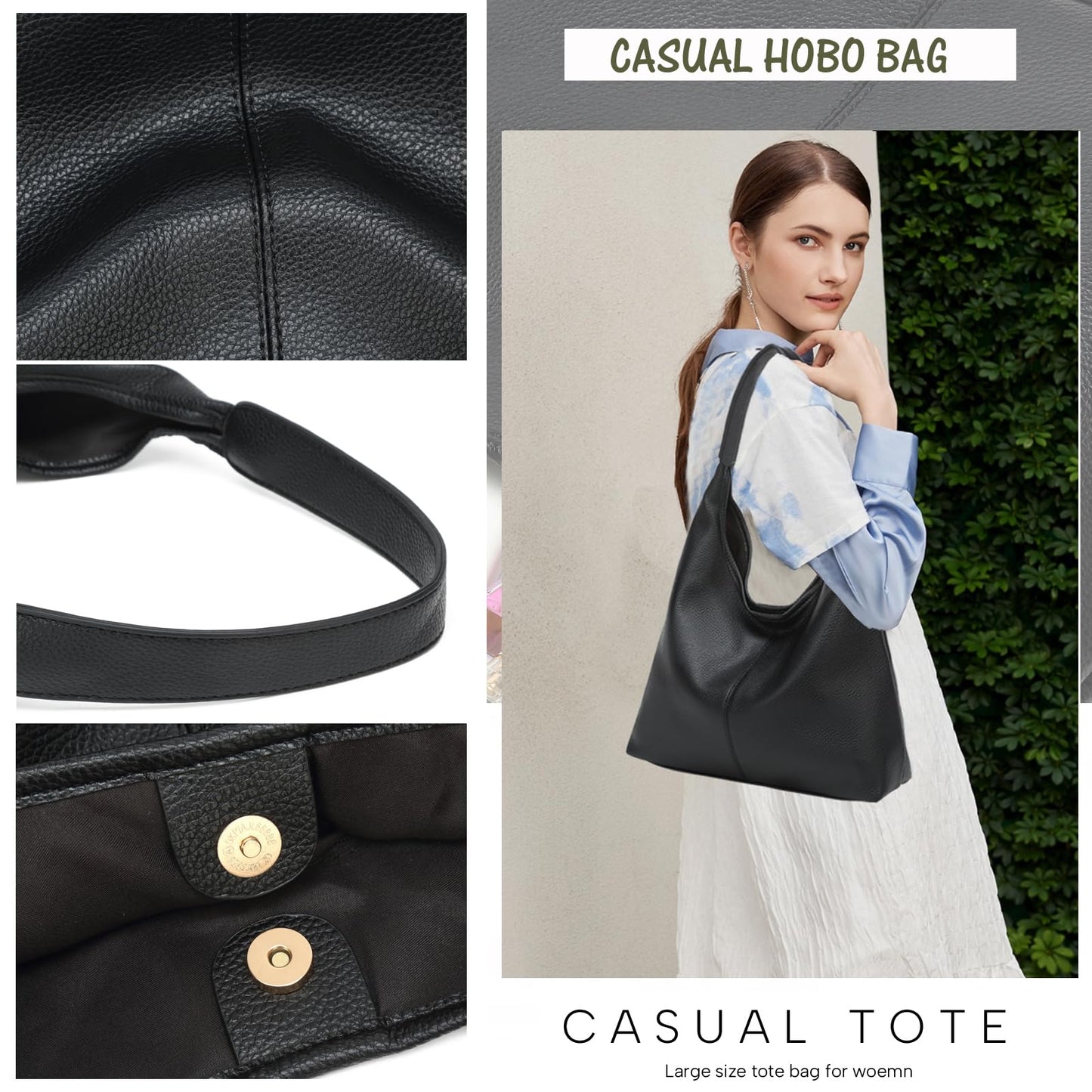 Casual Hobo Bag for Women Soft Shoulder Bags Slouchy Pu Leather Tote Purses for Work Travel
