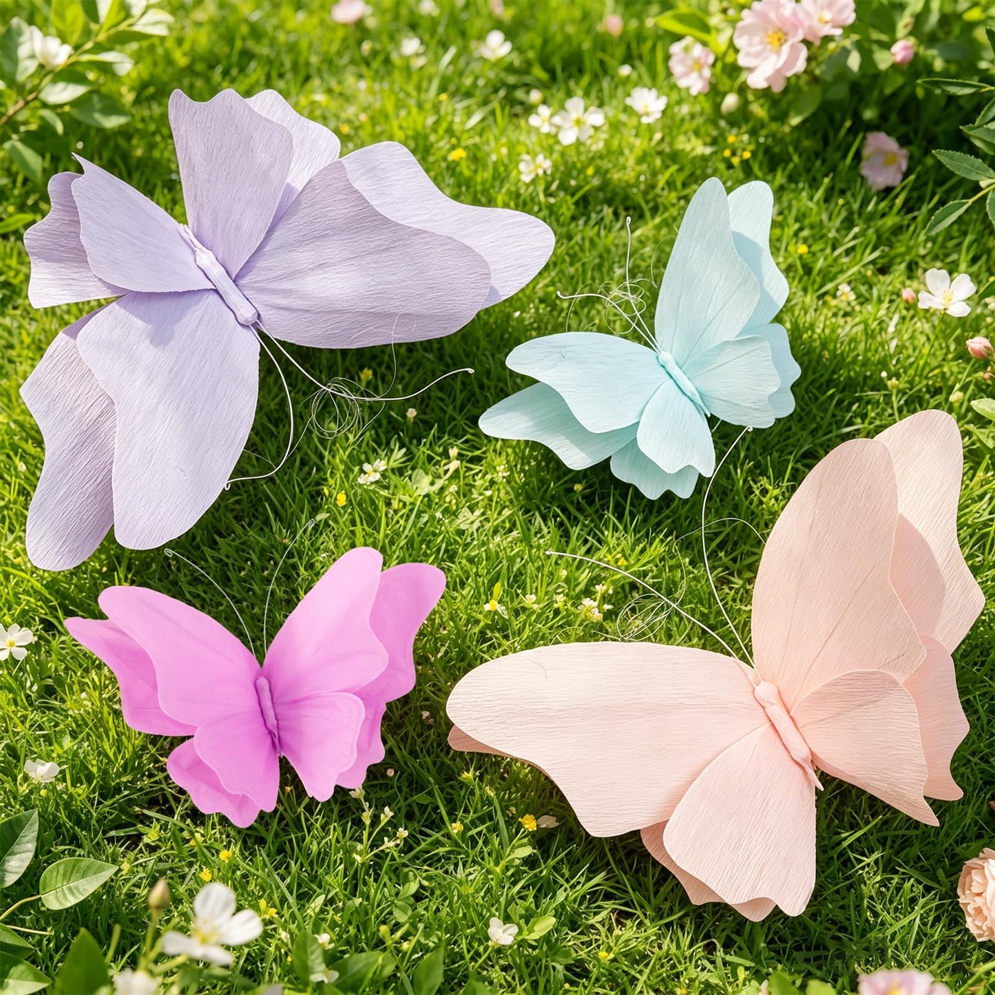 OBBOLO 3D Hanging Butterfly Decorations, Butterfly Birthday Party Decorations, 4 Pcs Crepe Paper Butterfly Hanging Decorations for Girls, Women, Flower Garden Party Decorations