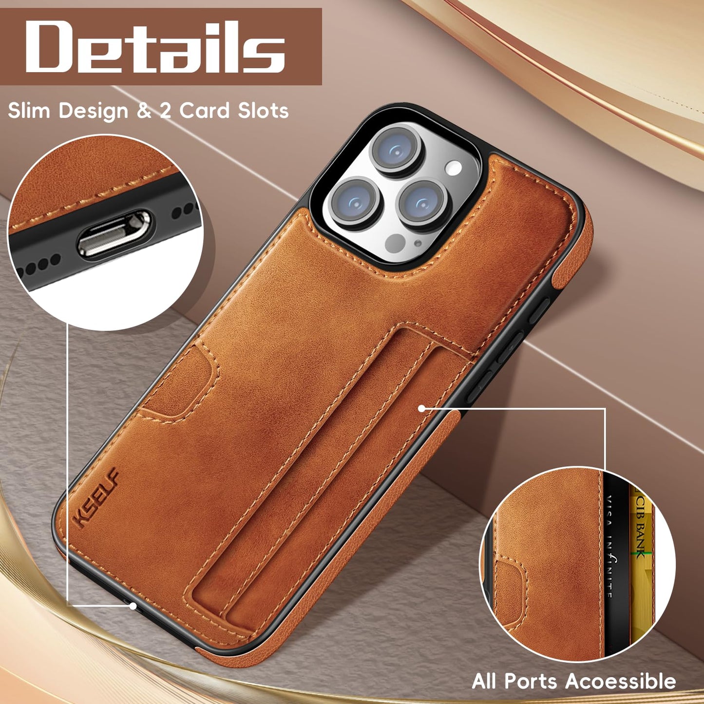 KSELF Leather Case for iPhone 16 Pro Max with Card Holder Soft Leather Wallet Case, Protective Slim Shockproof Phone Cover for Man Women (Brown)