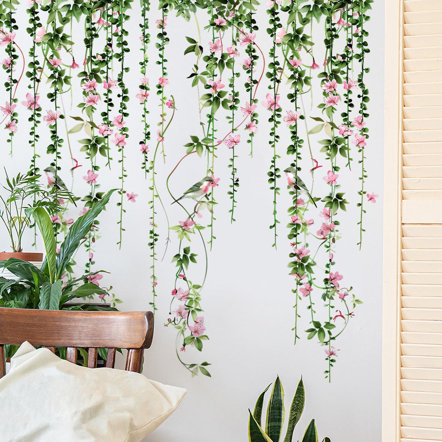 4 Sheets Hanging Vines with Flowers Wall Decals Green Plant Leaves Wall Stickers Pink Cherry Blossom Vine Wall Art Hanging Flower Tree Branches Bird Wall Murals for Kids Bedroom Nursery Decoration 20
