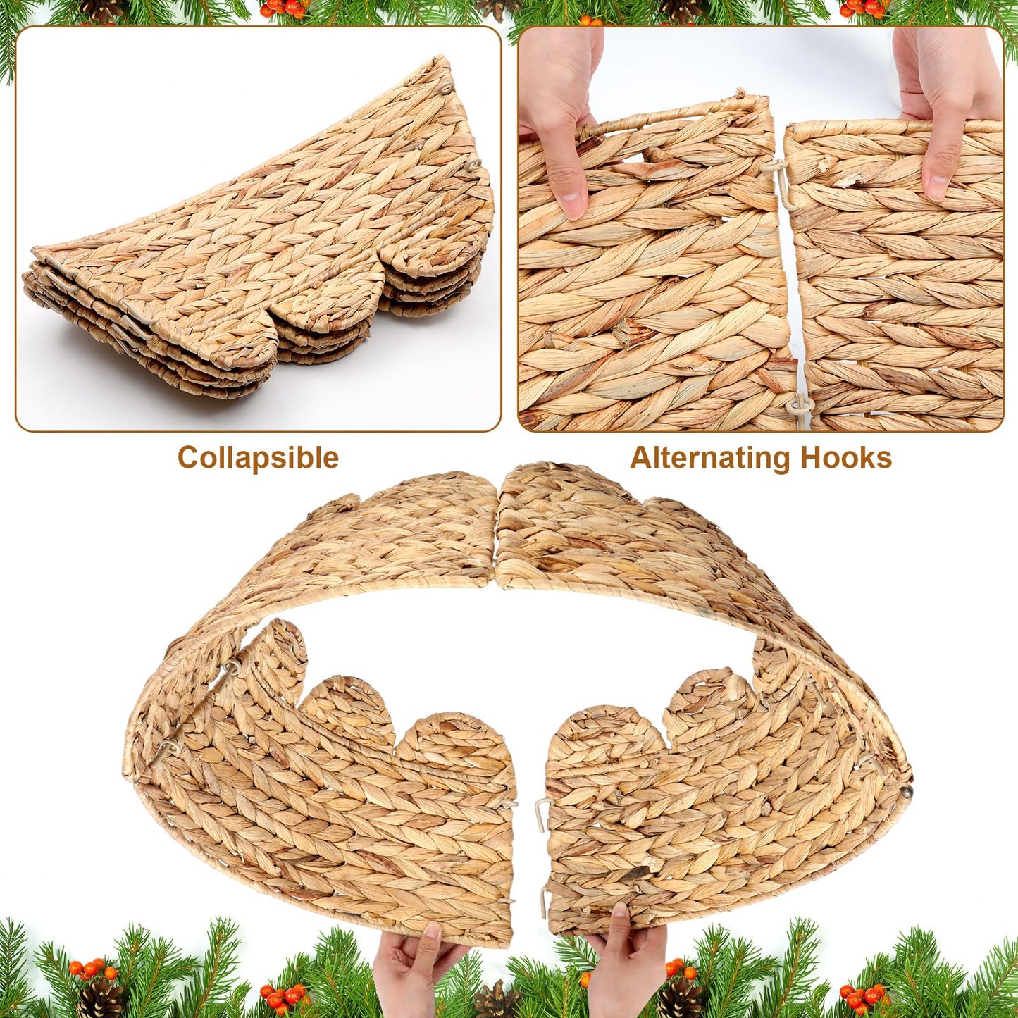 Cinnvoice Woven Rattan Scalloped Christmas Tree Collar 24 Inch Natural Ring Rustic Farmhouse Water Hyacinth Base Cover Skirt for 4-6 ft Xmas Tree Holiday House Decoration