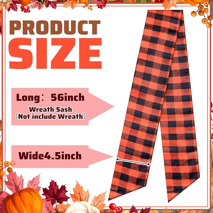 Wreath Sash for Front Door Wreath Satin Sash Blank Sashes Embroidery Monogram Yard Doorway Indoor Outdoor Wall Ribbon Bow Home Decor(Orange, Black,Fall Plaid)