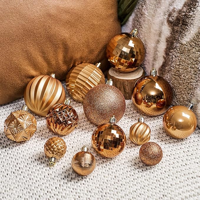 JORNOY Christmas Tree Ornaments Set, 47 Pack Assorted Shatterproof Hanging Balls Decorations, Plastic Bulbs Bulk with Lanyard for Home Holiday Party Decor, 3-Sizes (Caramel)