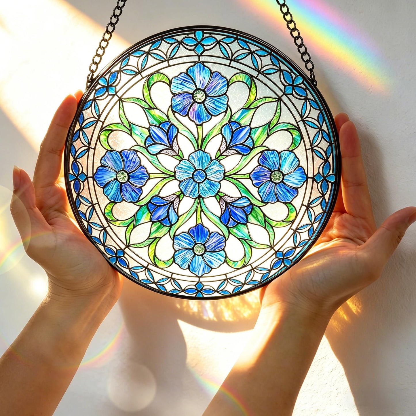 Stained Glass Window Hanging, 7.8 Inch Blue Flower Stained Glass Suncatcher Ornament, Botanical Window Hanging - Mother’s Day, Birthday, Christmas & Housewarming Gift for Mom, Grandma, Sister & Friend