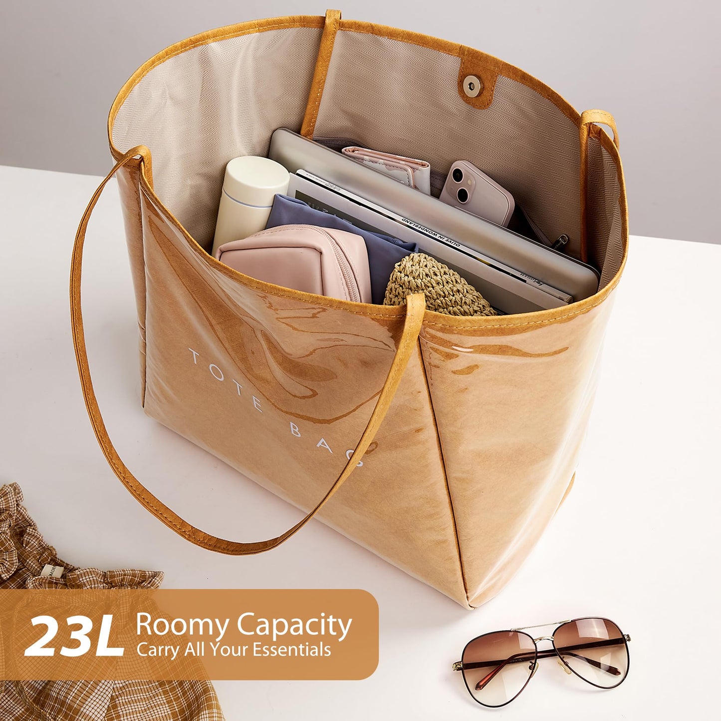 KALIDI Large PVC Tote Bag Women Weekender Hobo Bag Travel Purse Trendy Kraft Paper Oversize Shoulder Handbag for Work College Beach