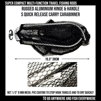 Travel Fishing Landing Net. Super Compact, Folding, Rugged Travel Fish Net. Extra Deep Coated, Low Smell Net + S Carry Hook. Freshwater and Saltwater Angling.