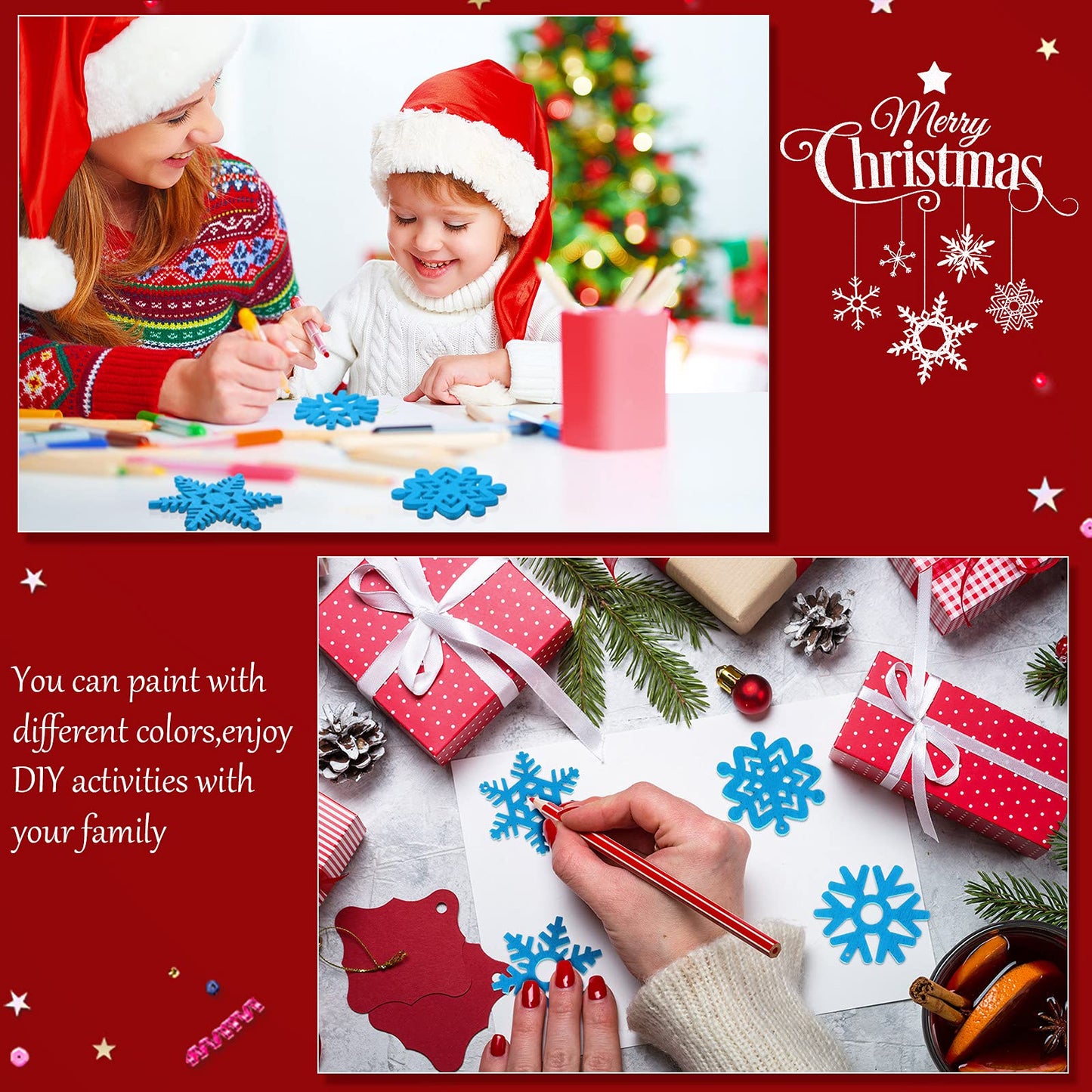 100 Pcs Christmas Unfinished Wooden Snowflake Ornaments Snowflake Hanging Cutouts Blank Wood Slices with Cord Craft Embellishments for Xmas Tree Decorations (Blue,2 Inches)